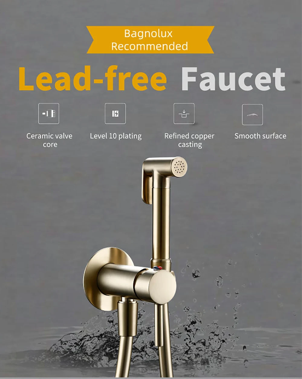 Description Picture 4 of itemBagnolux Brushed Gold Toilet Held Bidet Sprayer Kit with Hose and Holder Wall Mounted Hot and Cold Mixed Type Bathroom Faucet