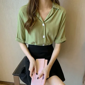 

blouse women Wild Vintage Solid Color Casual Loose Single-breasted Cotton Short Sleeve Lapel blouse