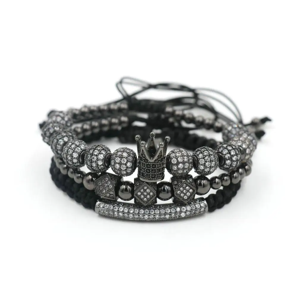 3pcs/Set Luxury Crown Bracelet Men Hip Hop Silver Color Micro Pave CZ Ball Charm Bracelets For Women Couples Pulseira Bileklik - Image 2