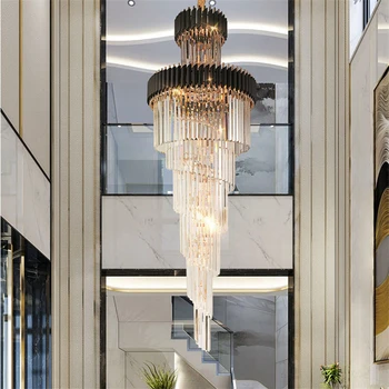 

Black loft chandelier fixtures staircase crystal lighting long light decor luxury lobby chain chandeliers cristal hanging lamp