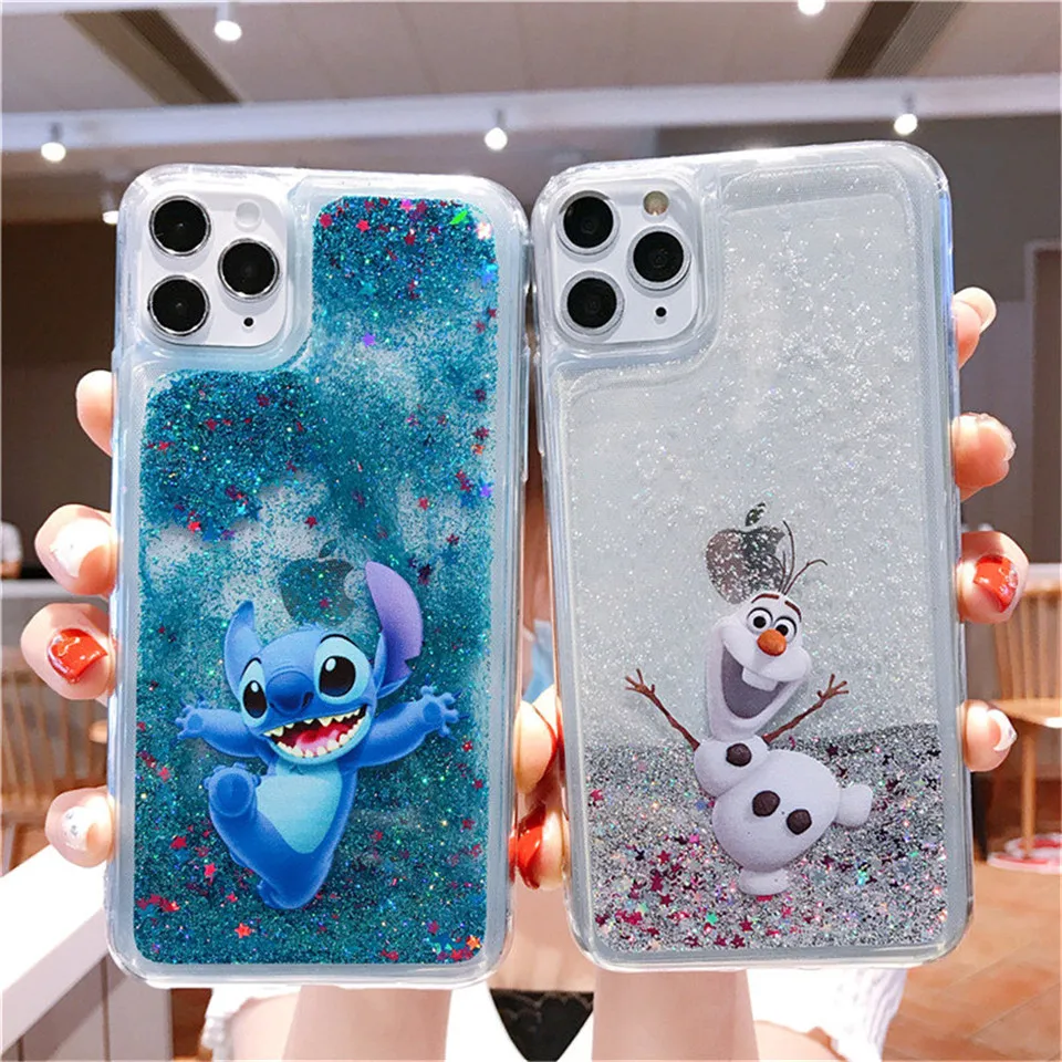 Luxury Glitter Liquid Quicksand Mermaid Olaf Phone Case For Iphone 11 Pro X Xs Max Xr 7 8 6 Plus Cute Cartoon Stitch Bear Cover Fitted Cases