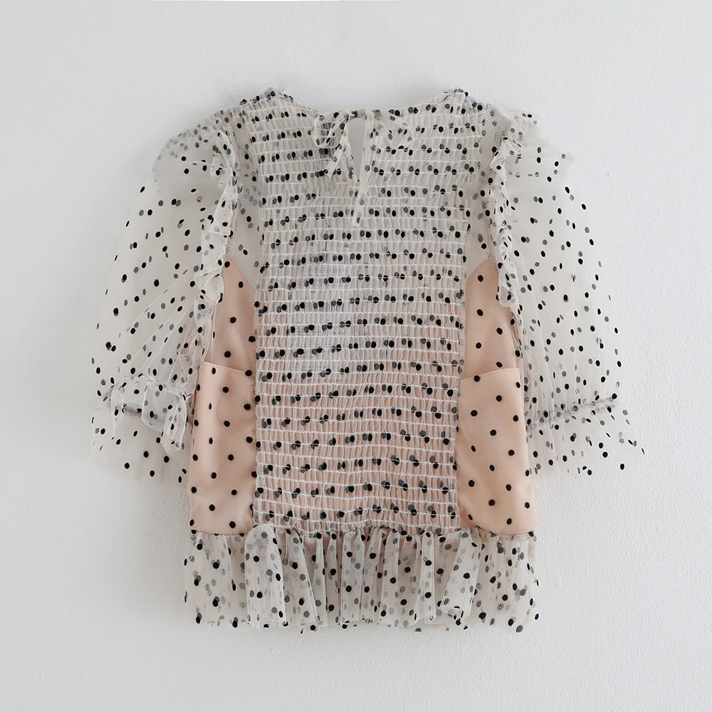 Kopen Zomer 2019 Nieuwe Casual Kraag Zeven Mouwen Gelamineerd Decoratieve Wave dot Mesh Top Shirt