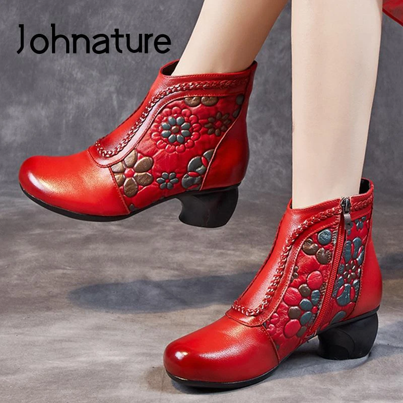 Johnature zapatos estampados de auténtica para mujer, botas con cremallera y punta redonda, botines étnicos de flores con plataforma, otoño e invierno, 2022|Botas hasta el tobillo| - AliExpress