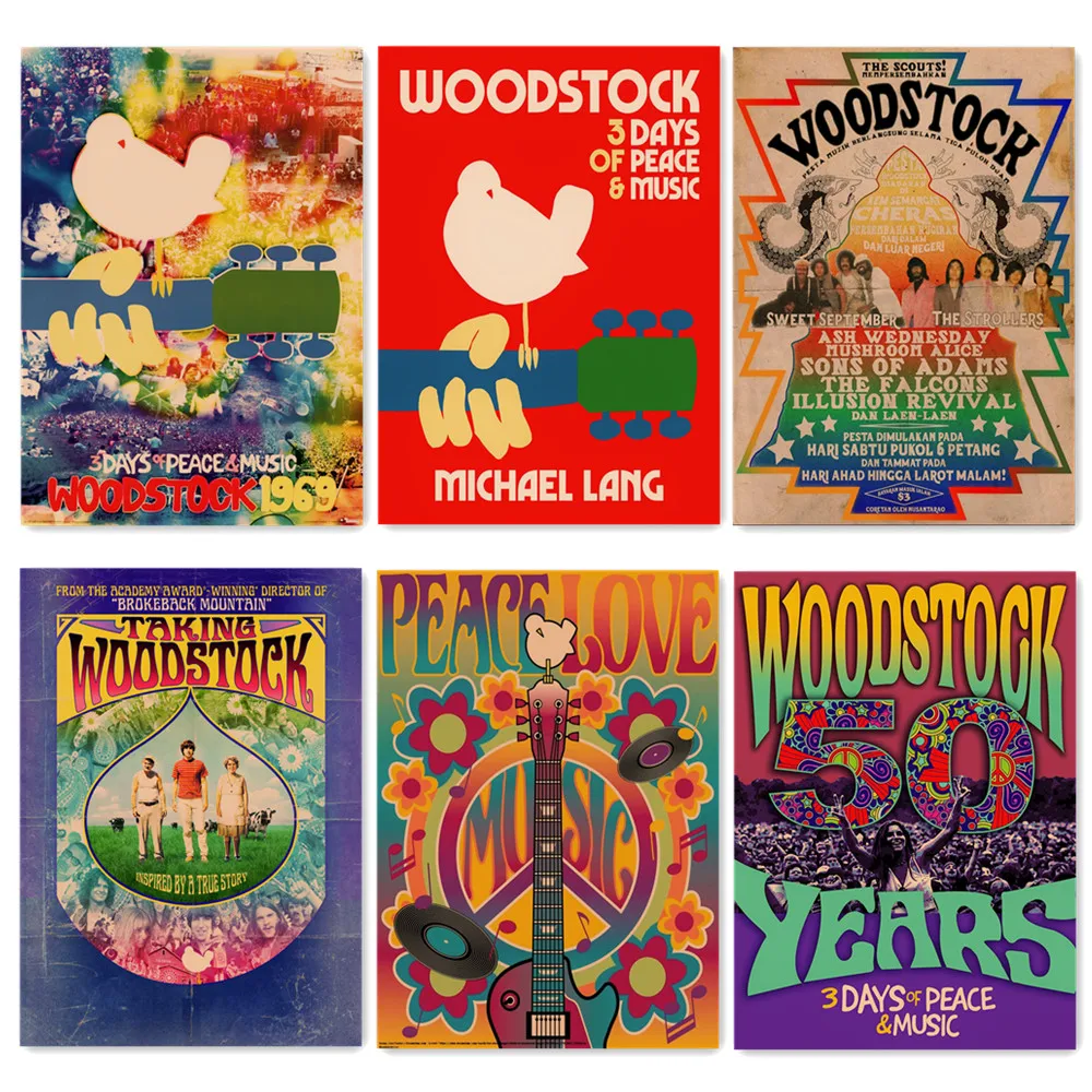 

1969s Woodstock Rock Festival Wallpaper Wall Art Heavy Metal Music Poster Vintage Kraft Paper Painting Wall Sticker Home Decor 1
