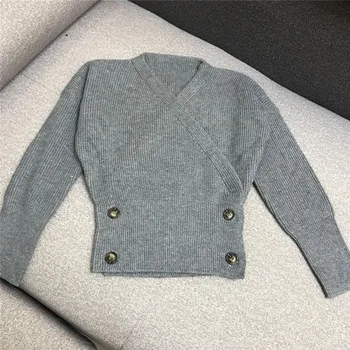 

Cross V-neck Sweater Female Stacked Waist Double-breasted High-Waist Sweater Women's Sweaters Grey Truien Dames Sweter Nancylim