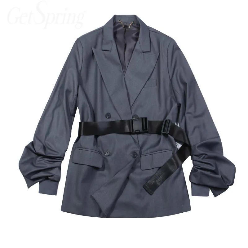 Women Blazer Puff Sleeve Long Women Blazers Jackets Gray Casual All Match Vintage Women Oversized Blazer Coats 2019 XX112