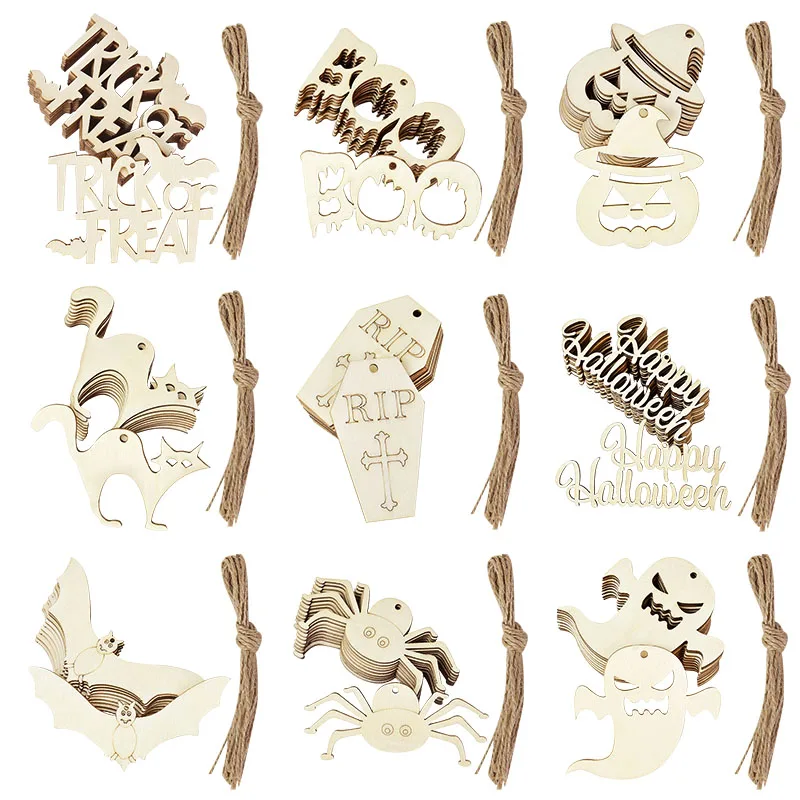 10Pcs Halloween Decoration Wooden Ornaments Pumpkin Ghost Bat Hanging Pendant Happy Halloween Party Home DIY Craft Kids Toy Gift