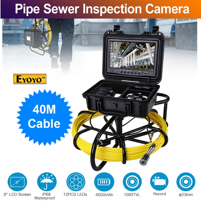

Eyoyo Pipeline Endoscope Inspection Camera 40M Underwater Industrial with 9 Inch LCD Monitor 1000TVL Snake Cam