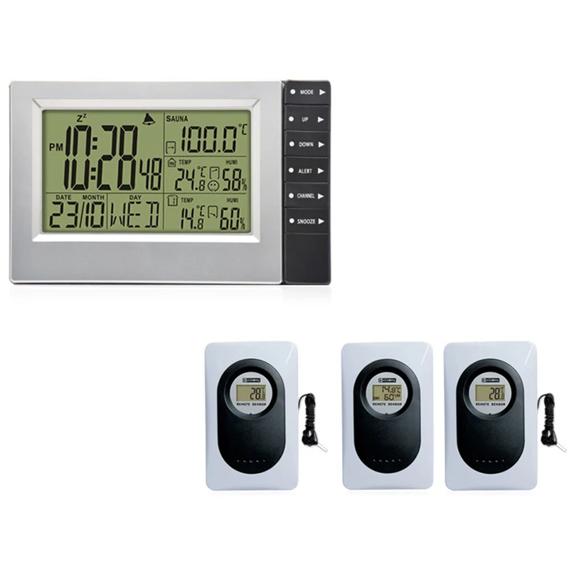 

Indoor and Outdoor Temperature and Humidity Measurement Sauna Sensor Wireless Electronic Weather Clock Outdoor with 3 PCS Sensor