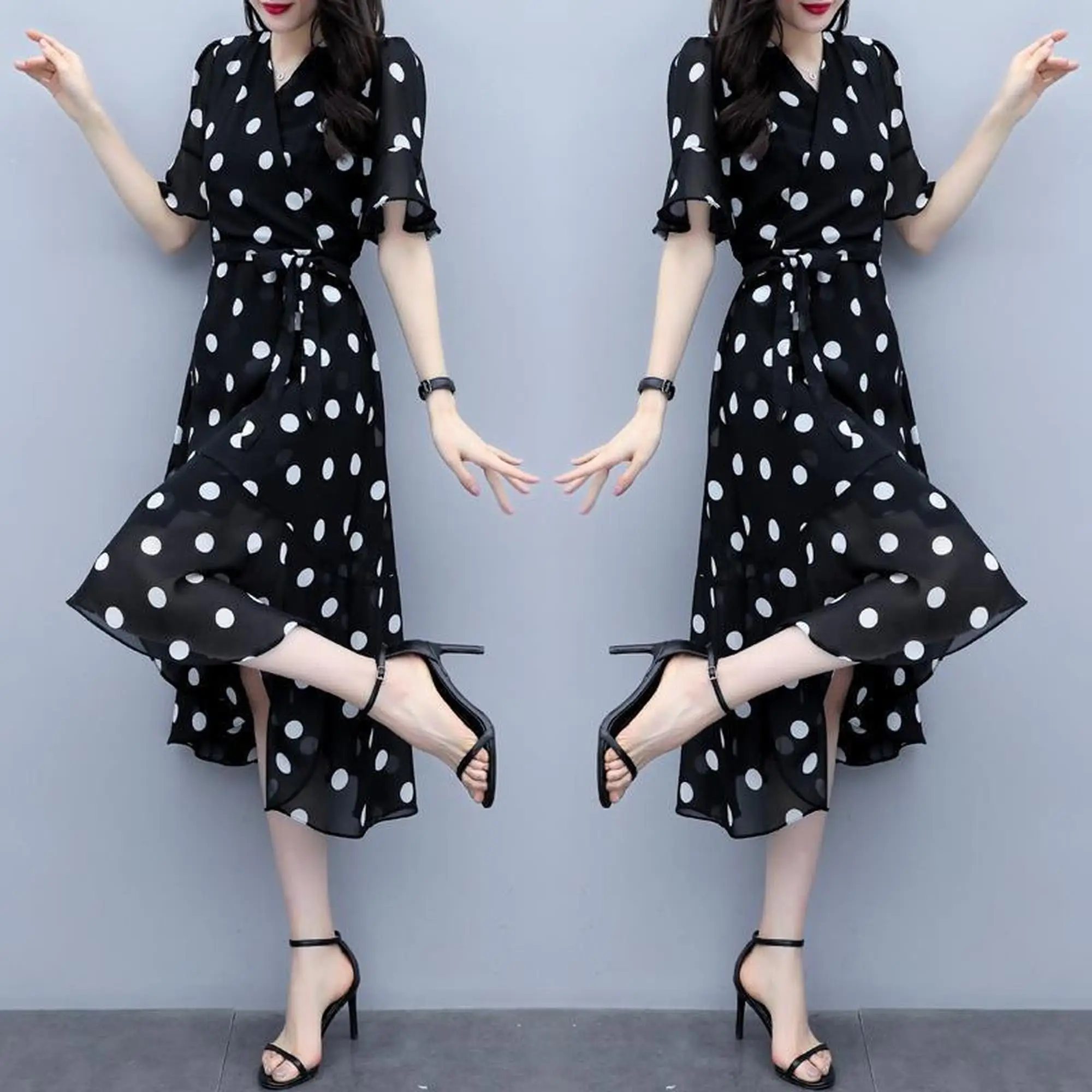 Polka Dot Dress 2020 Summer New Style V-neck Fairy Immortal Chiffon Dress Sweet Waist Hugging Slimming Dress
