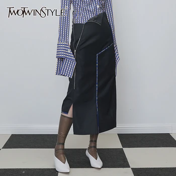 

TWOTWINSTYLE Casual Asymmetrical Skirts For Women High Waist Irregular Wool Side Split Skirt Female 2020 Clothing Fashion Tide