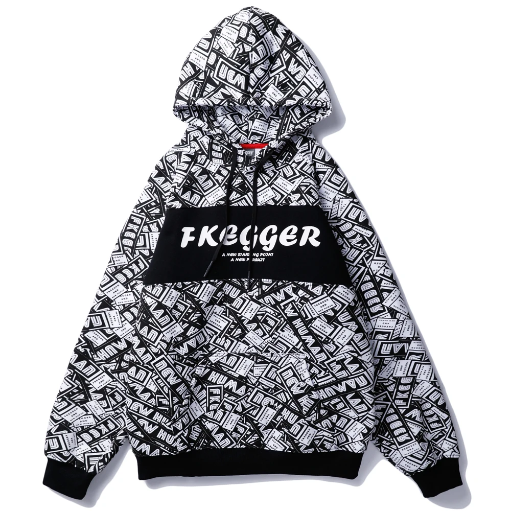 OSCN7 High Street Plus Velvet Warm Print Hoodies Men Winter Japanese Streetwear Oversize Fleece Hooded Sweatshirt Mens 696
