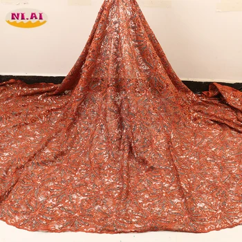 

NIAI African Sequins Lace Fabric 2020 Embroidered Nigerian High Quality Bridal Tulle Lace Fabric For Wedding For Party XY3342B-4