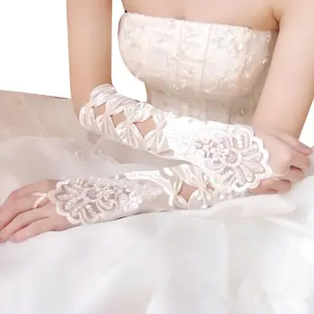 

Womens Silky Satin Wedding Fingerless Long Gloves Hollow Out Bowknot Embroidery Sequins Lace Bridal 1920s Mittens