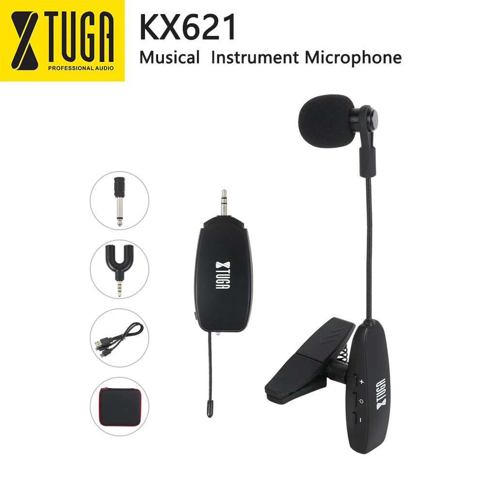 Kopen XTUGA KX621 Saxofoon UHF Draadloze Instrument Microfoon Condensator Microfoon Clip Microfoon Zwanenhals Draadloze Transmissie voor Hoorns