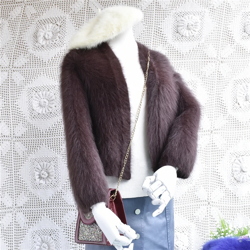 Femmn small brown jacket women ladies long sleeve slim rabbit fur angora coat cashmere cardigans autumn short sweater