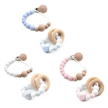 

Baby Silicone Teether Wood Ring Bracelet Pacifier Chain Holder Newborn Molar Toy
