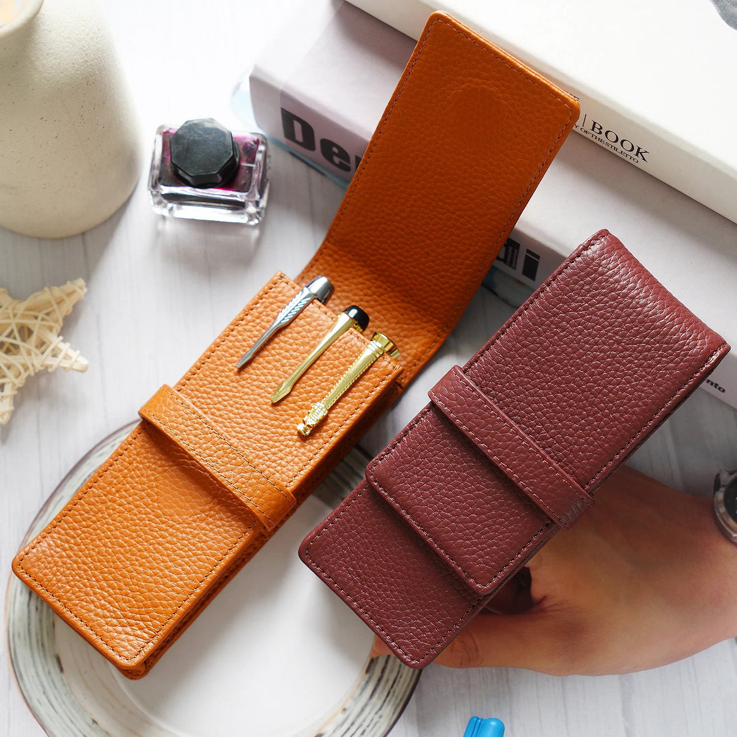 Pen Sleeve with Flap - 2 Pens - Black - Vegetable Tanned Leather