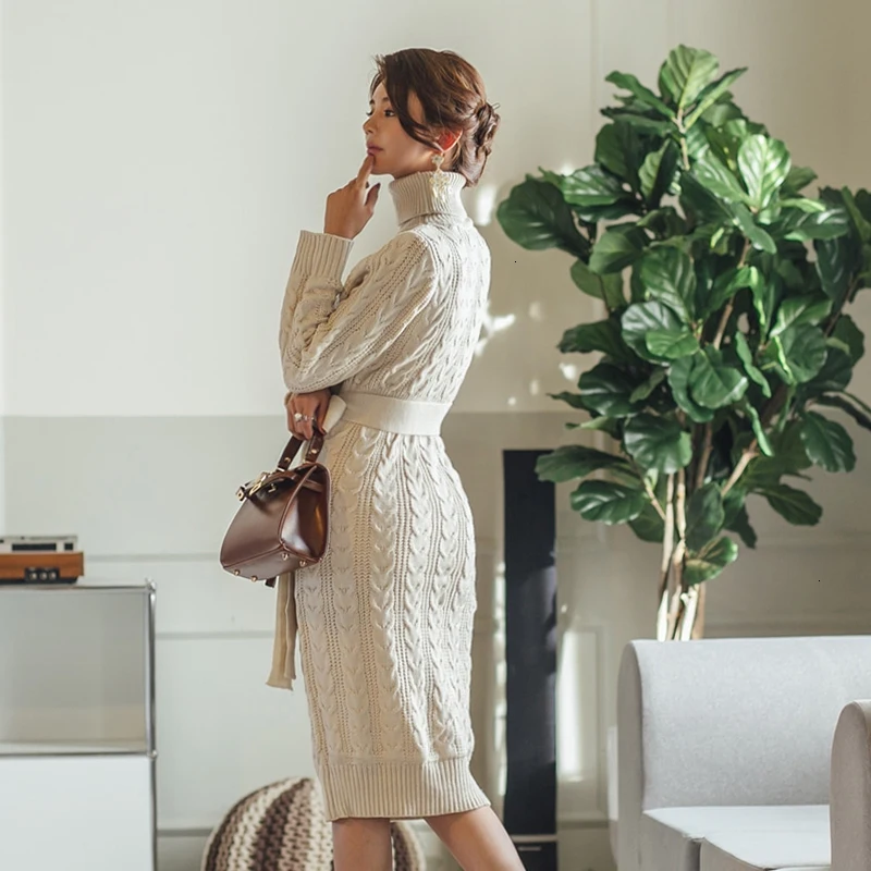 Женское трикотажное платье свитер с высоким воротником|Платья| |