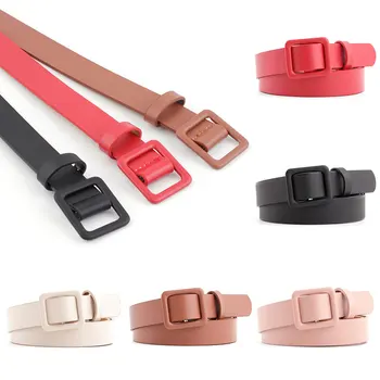 

Women Waist Belt Solid Color Slim All-match PU Leather Decorative Strap Belts Square Smooth Buckle Narrow Thin Belt