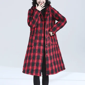 

Uego Hooded Padding Cotton Thicken Warn Winter Coat Single Breasted Fashion Plaid Jacket Coat Plus Size Women Casual Winter Coat