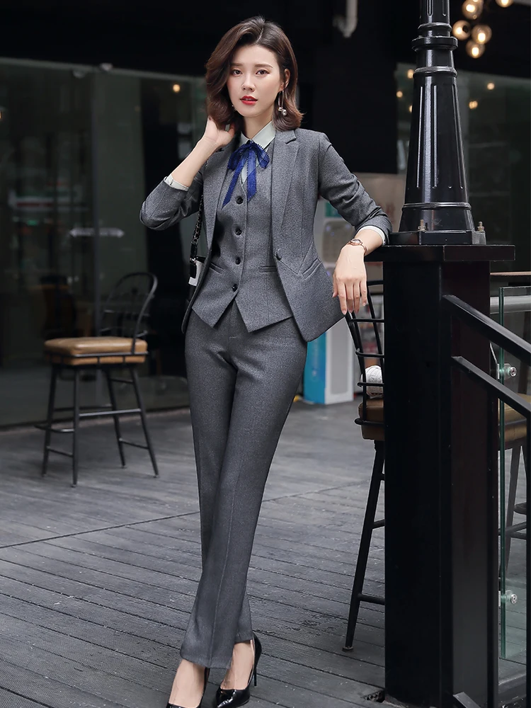 Office Lady 3 Piece Set Women Formal Work Wear Pant Suit Uniform Designs Single Button Black Gray Blazer Jacket Vest and Pant