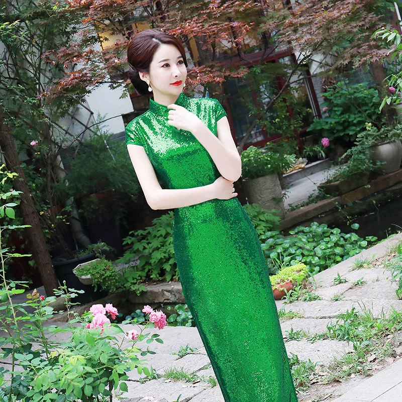 Китайский традиционный Чонсам лотоса блестки Cheongsam с коротким рукавом Cheongsam стройные Qipao показать Cheongsam Vestido плюс Размеры 5XL