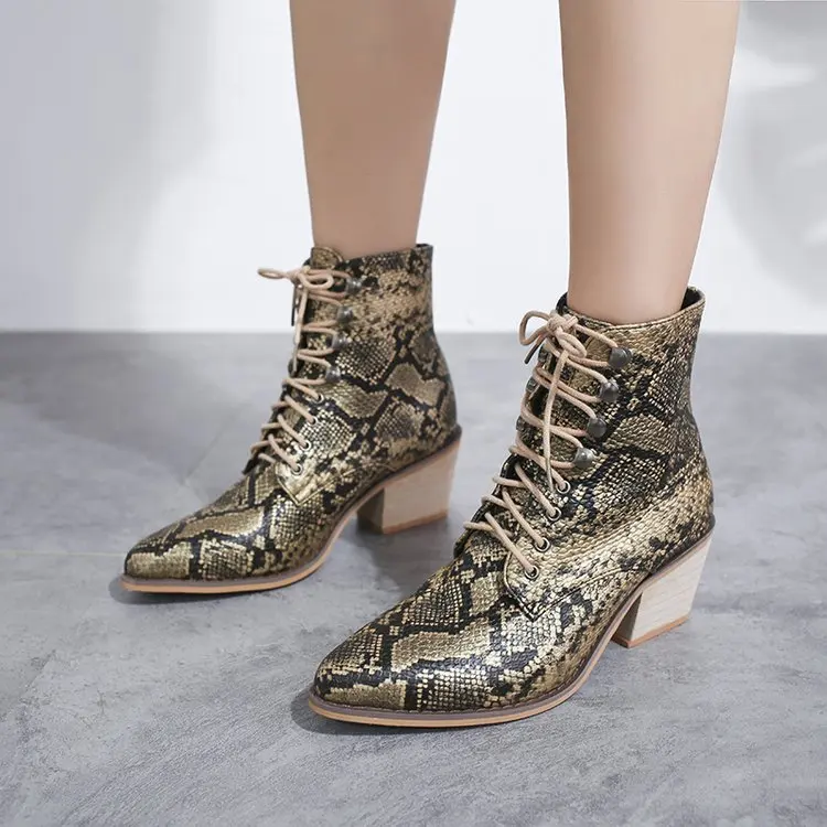 

2019 New Style Large Size Lace up Front Biker Boots Thick with High Heels Short Rubber Pointed Boots
