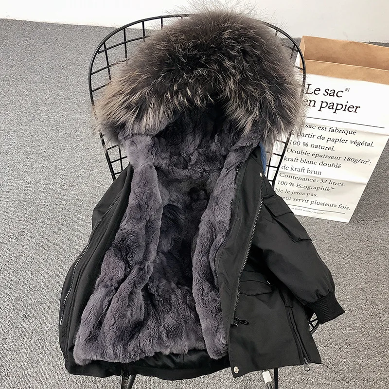 Black Gray Fur На температуру-30 градусов, теплые детские куртки-парки длинная куртка C мехом из натурального меха енота с капюшоном натуральный кроличий мех, на открытом воздухе зимнее пальто для девочек и мальчиков - Цвет: Black Gray Fur
