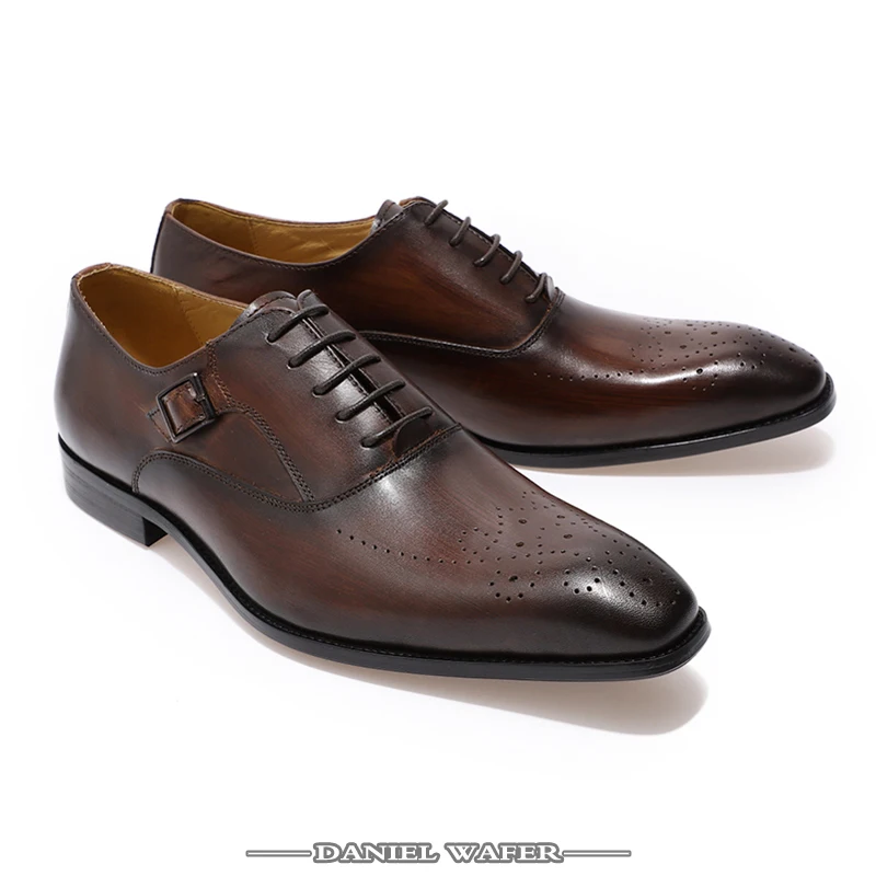 MEN GENUINE LEATHER OXFORD SHOES MEN BUCKLE STRAP OFFICE DRESS WEDDING SHOES BROWN BROGUE POINTED TOE OXFORD FORMAL SHOE SUMMER