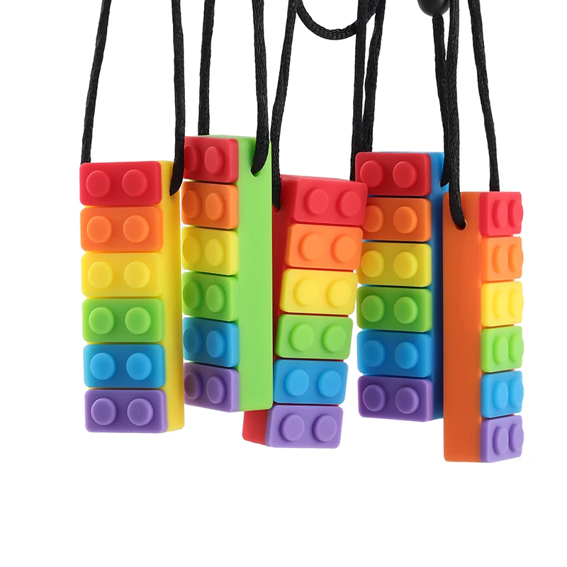 

2PCS Rainbow Brick Chew Necklace Baby Silicone Teether Autism Sensory Chew Therapy Tools Kids Chewy Toys