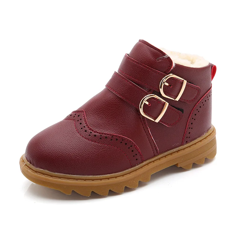 Водонепроницаемые теплые плюшевые кожаные ботинки для маленьких мальчиков; детские зимние кожаные ботинки; детские зимние ботинки для малышей; для мальчиков 1, 2, 3, 4, 5, 6 лет - Цвет: wine red
