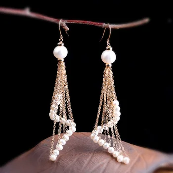 

products manufacturer direct sales fashion handmade diy925 Sterling Silver Baojin women's tassel Baroque Pearl Earrings