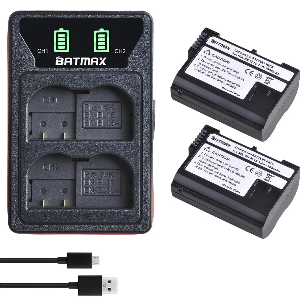 

2X 1900mAh EN-EL15 EL15 EN-EL15a EN EL15a Battery + LED USB Dual Charger for Nikon D850 D810 D810A D750 D500 D7500 D7200 D7100