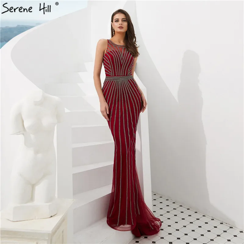 Винно-красное вечернее платье Mermiad с лямкой на шее, реальные фотографии, вечернее платье без рукавов с бриллиантами LA6008 - Цвет: wine red
