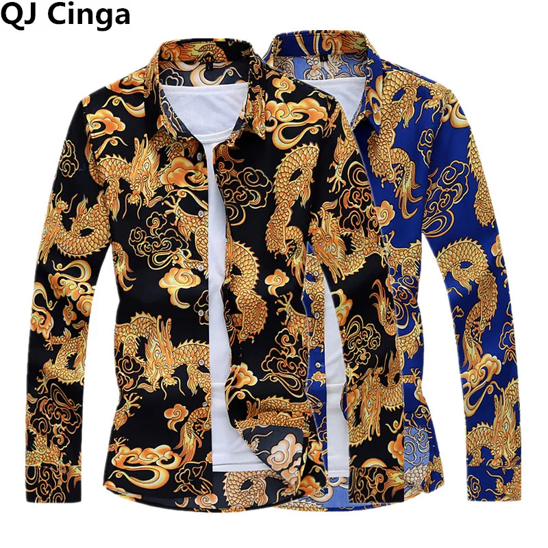 Men-s-Chinese-Dragon-Print-Long-Sleeve-Shirt-Single-Breasted-Square-Collar-Men-Shirts-Black ...