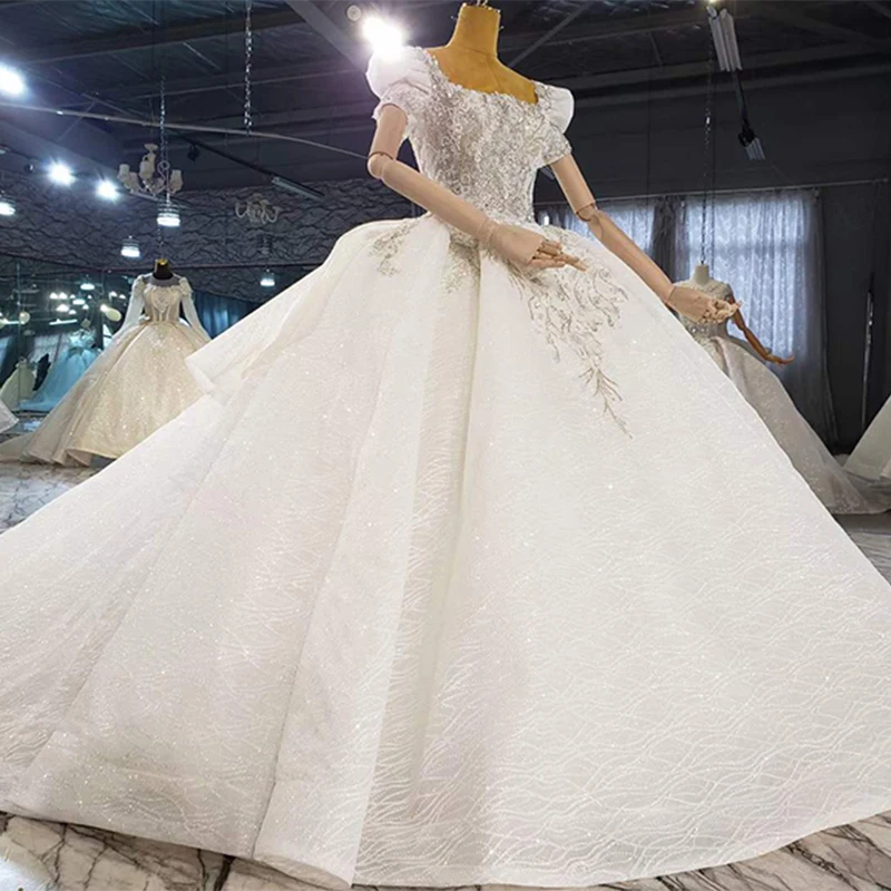 HTL2080 Elegant Extravagant Sequin Crystal Pearls Wedding Dress 2021 Square Collar Neck Short Sleeve Lace Up Back 3
