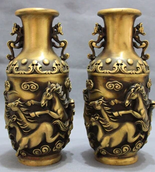 free shipping China Bronze Animal FengShui Jump Horse &quotMa Dao Cheng Gong&quot Statue Vase Pot Pair |