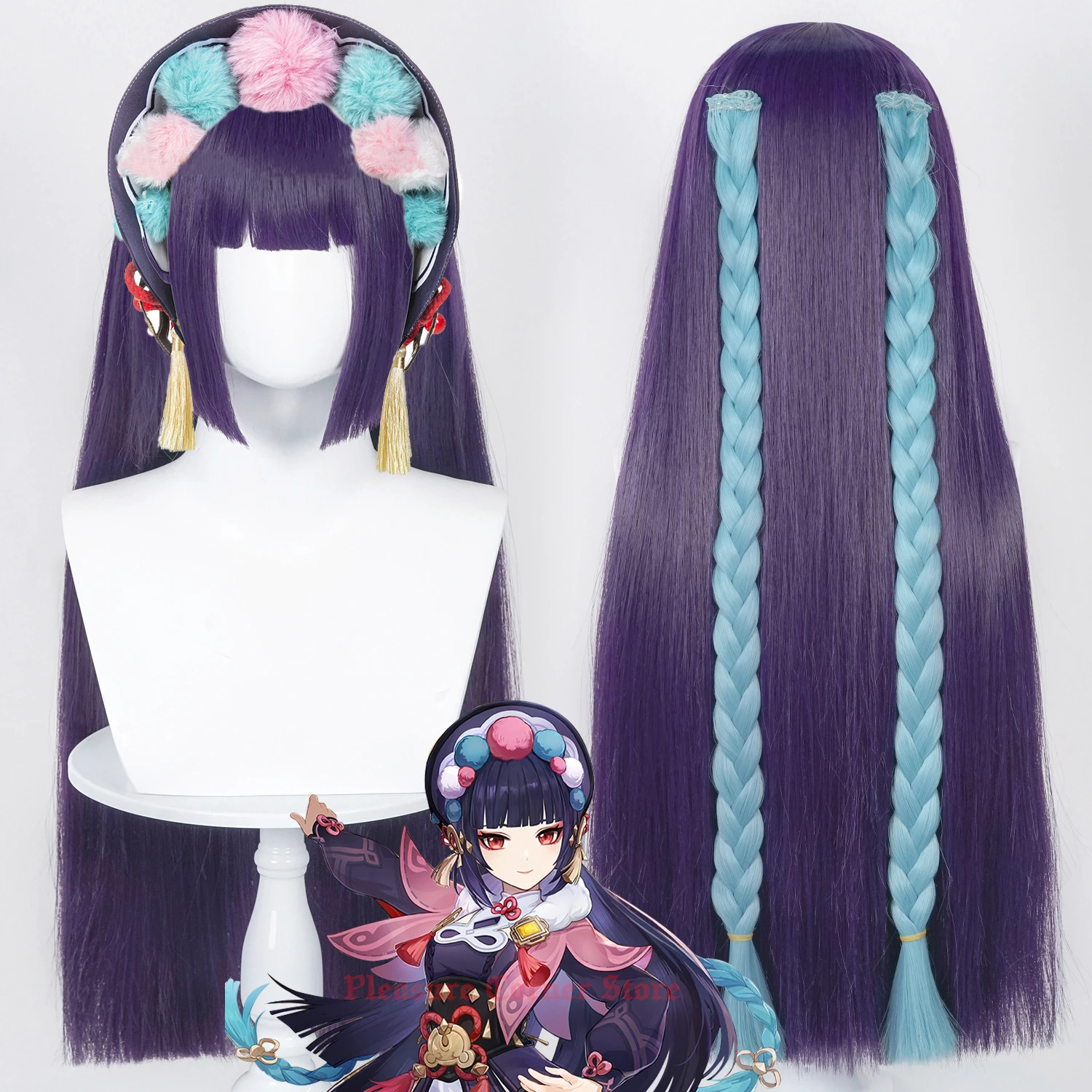 Game Genshin Impact YunJin Cosplay Wig Long Purple with Green Braids Synthetic Wigs for Woman Anime Game Costume Halloween Party ranyu genshin impact klee wig synthetic straight short blonde game cosplay hair heat resistant wig for party