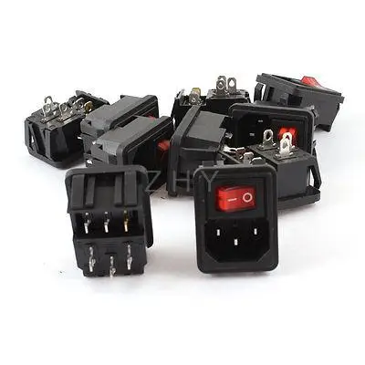 

10 Pcs 3 Pin SPST Red Light Rocker Switch IEC320 C14 Power Socket AC 10A 250V