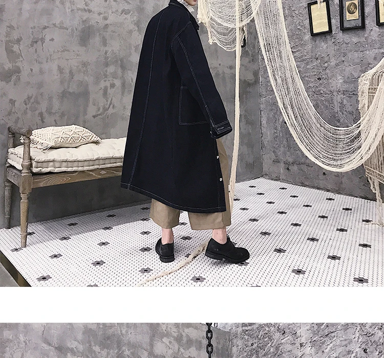 Men Long Casual Denim Trench Coat Streetwear Hip Hop Fashion Loose Cowboy Cardigan Jacket Male Jean Windbreaker Overcoat
