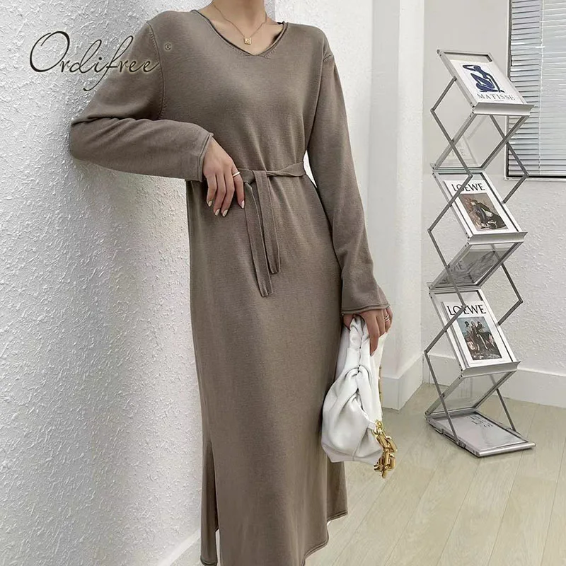 

Ordifree 2022 Autumn Winter Women Knitted Dress Long Sleeve Belted Slit Loose Casual Sweater Dress