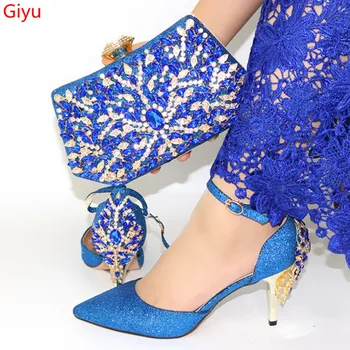 

doershow fashion lady Shoes and Bag Set Italy blue Color Italian Shoes with Matching Bag Set Decorated with Rhineston!!HYT1-16