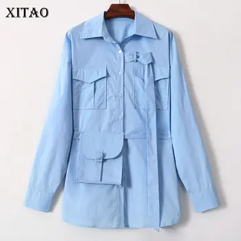 

XITAO Single Breast Pleated Blouse Women Fashion 2019 Autumn Turn Down Collar Pocket Elegant Small Fresh Loose Shirt GCC2333