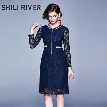 

2020 new spring autumn designer dress for women long sleeve slim casual lace elegant retro zipper charming O neck dresses blue