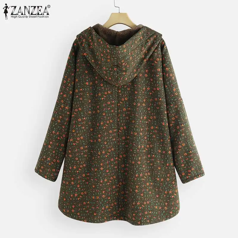 Женские флисовые куртки с принтом ZANZEA Kaftan пальто с капюшоном Повседневная Верхняя одежда на пуговицах женские асимметричные топы Туника большого размера