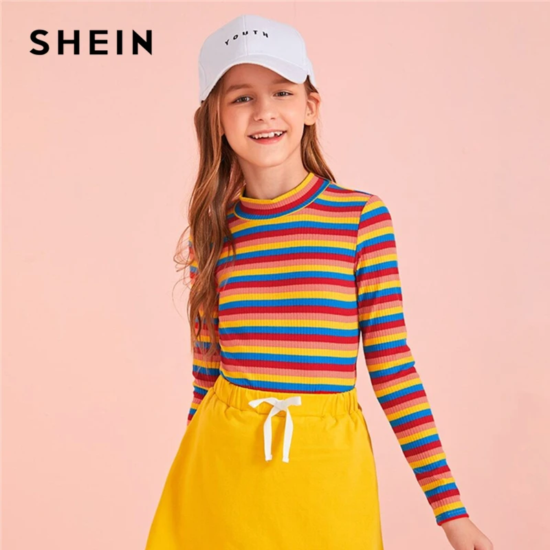 SHEIN/Детская разноцветная полосатая трикотажная футболка в рубчик; одежда для подростков; коллекция года; сезон осень; Детские повседневные Топы И Футболки с длинными рукавами