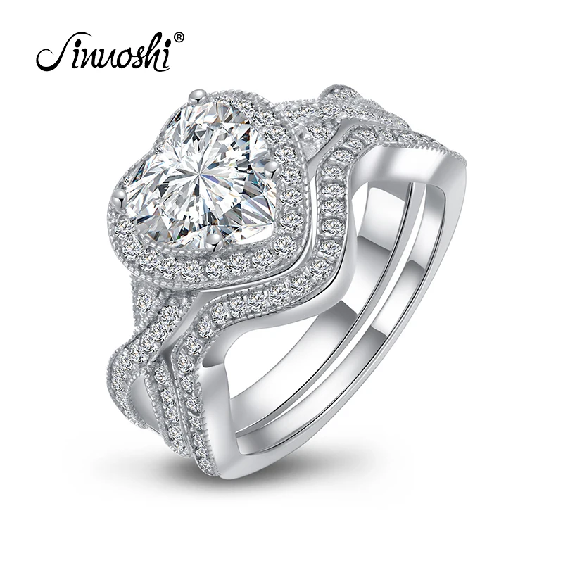 

AINUOSHI 2ct Heart Cut Halo Bridal Ring Set Simulated Diamond Engagement Wedding Sterling Silver Ring Flower Jewelry for Women