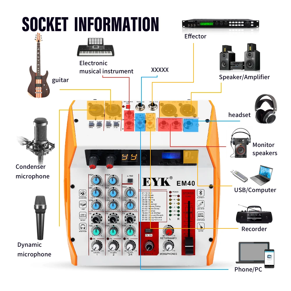 EYK EM40 Professional Audio Mixer with Sound Card 4 Channel Mixing Console PC USB Play Recording Bluetooth 99 DSP Guitar PAD audio mixer sound card audio interface