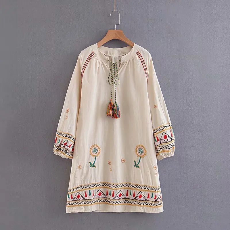 

Spring Summer New Style WOMEN'S Dress Three-quarter-length Sleeve Embroided Dress Large Size Loose-Fit Slimming A- line Skirt Pr